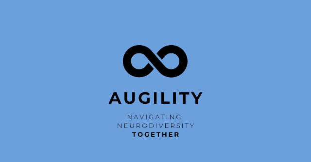 A centered black infinity symbol above the word AUGILITY and the tagline 'NAVIGATING NEURODIVERSITY TOGETHER' on a solid light blue background.